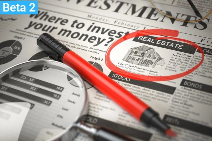 Newspaper financial section with a red pen and magnifying glass highlighting a real estate investment article.